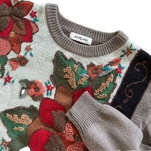 Vintage Japanese Wool Blend Embroidered Floral Autumn Grandma Sweater Size S